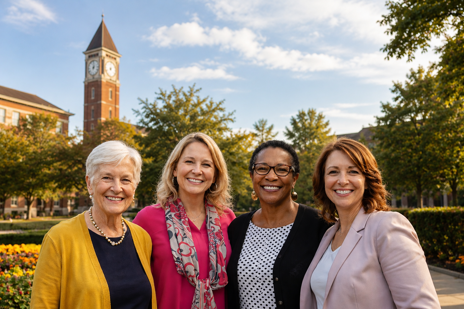Members of the Purdue Women's Club gathered by the Loeb Fountain and Bell Tower